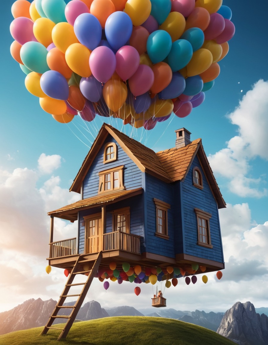 floating house, balloons, unusual architecture, airy structure, gravity-defying design, engineering marvel, fantasy home