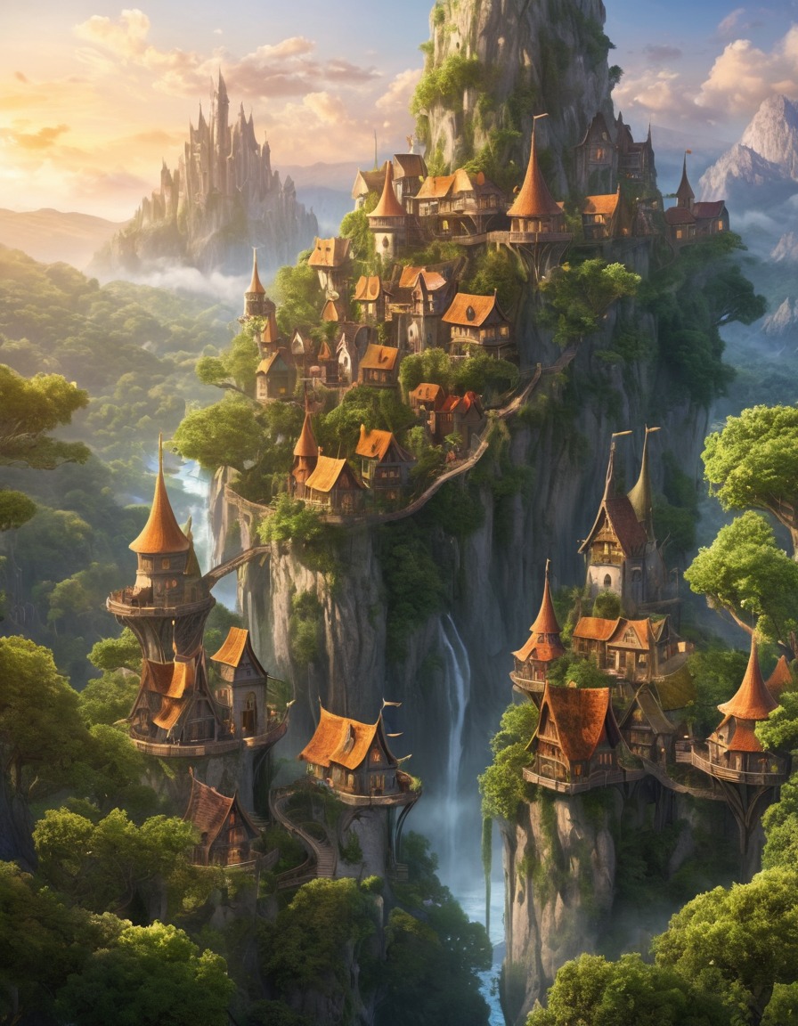 elves, village, tree-dwellers, nature, sylvan haven, fantasy, treetops