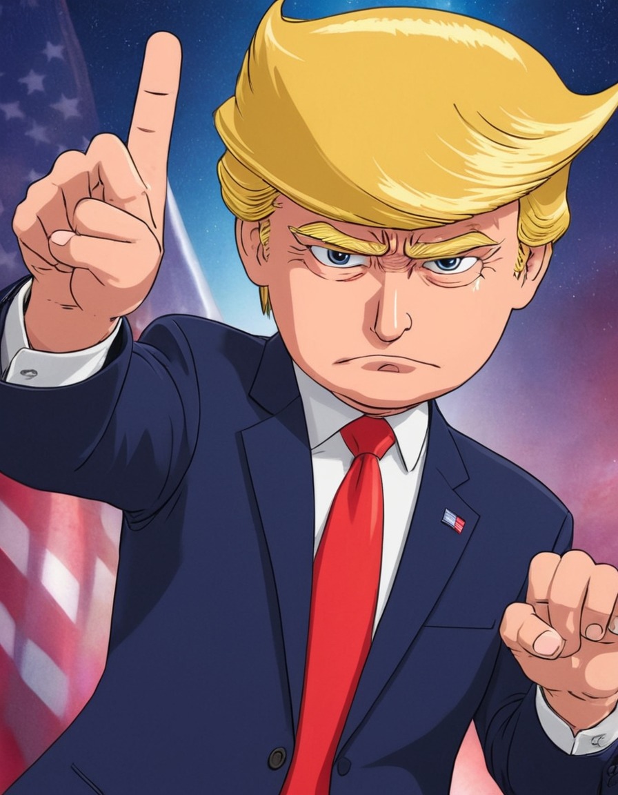 donald trump, anime, character design, political satire, speech, hand gestures, politics