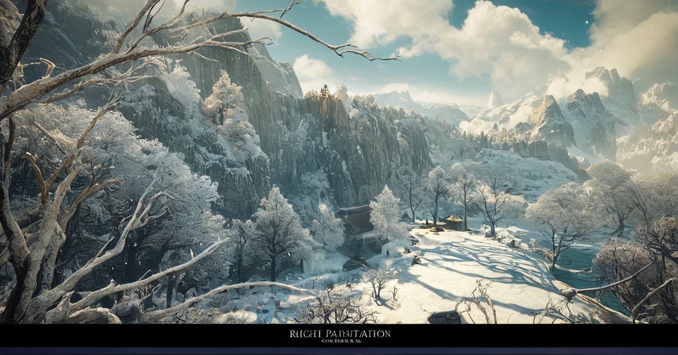 environment, forest, landscape, mattepainting, mixedmedia, moody, mountains, nature, photoshop, print, romantic, scenery, snow, sunny, tigaer, vue, winter