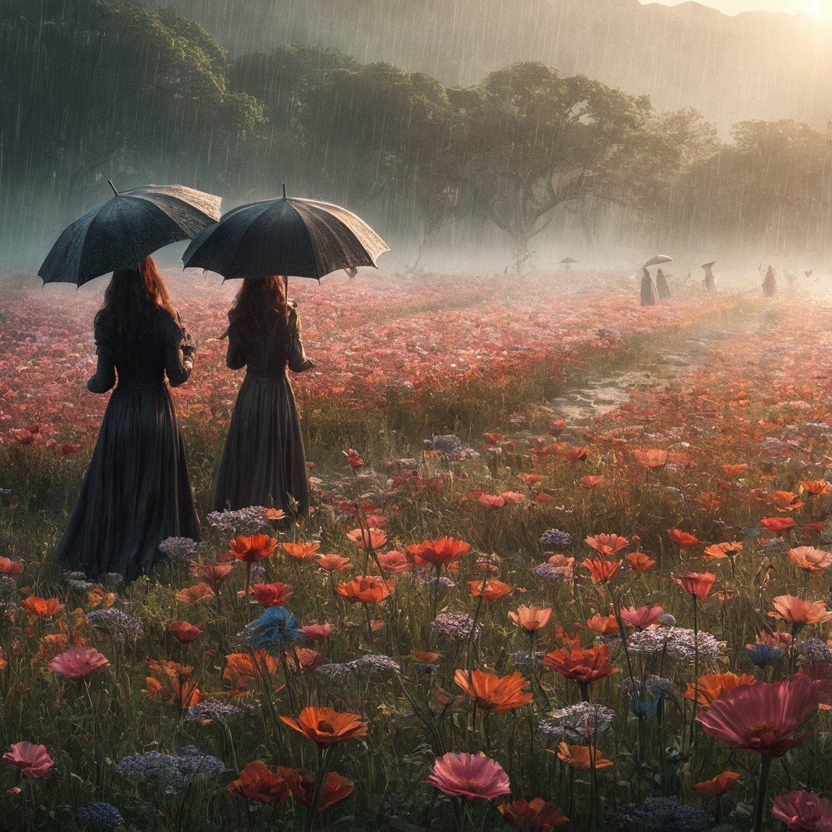 beautiful, evocative, field, generated, raining, umbrellas, wildflowers, women, aigenerated, aigeneratedart, womeninwildflowers, womenonrainyday, womenwalk, womenwalkinwildflowers