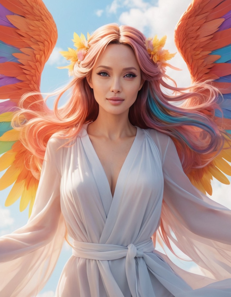 anime, angelina jolie, colorful hair, radiant wings, hope, light