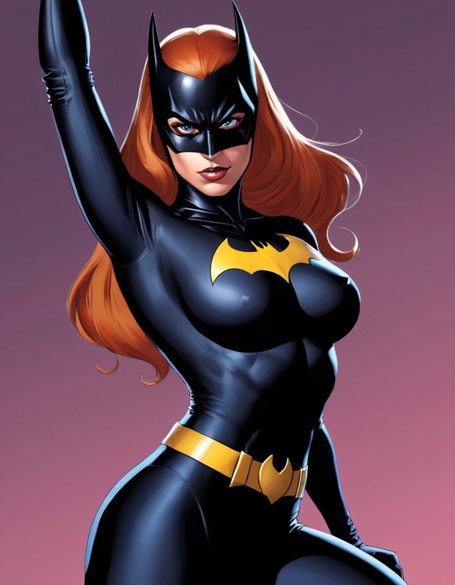 superhero, batgirl, comic book character, cosplay, powerful, provocative pose, shadows, sexy, painted