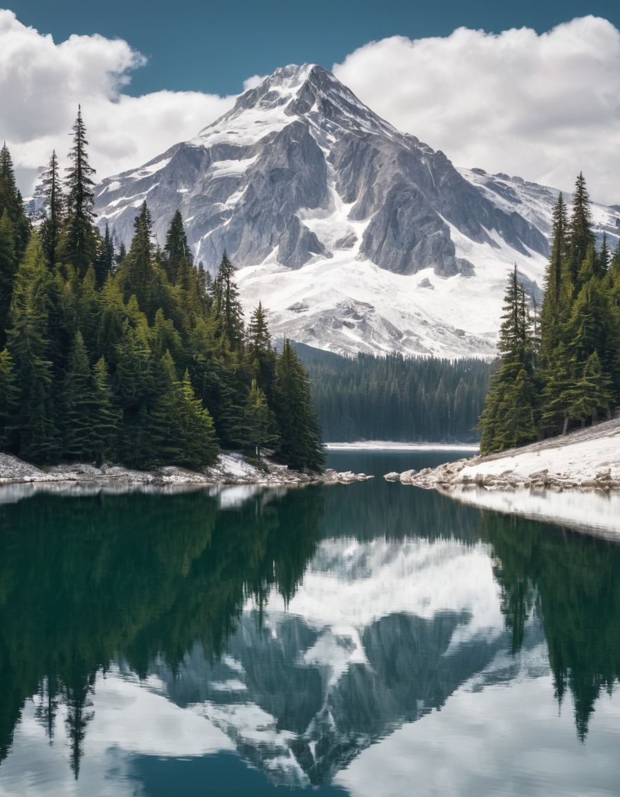 nature, snow-capped mountain, alpine lake, reflection, evergreen trees