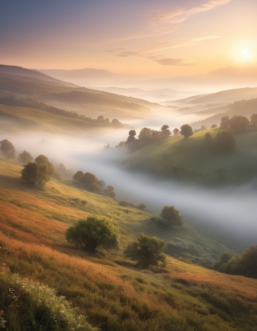 nature, fog, valley, dawn