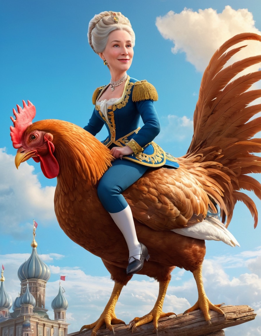 catherine the great, caricature, humor, giant chicken, funny