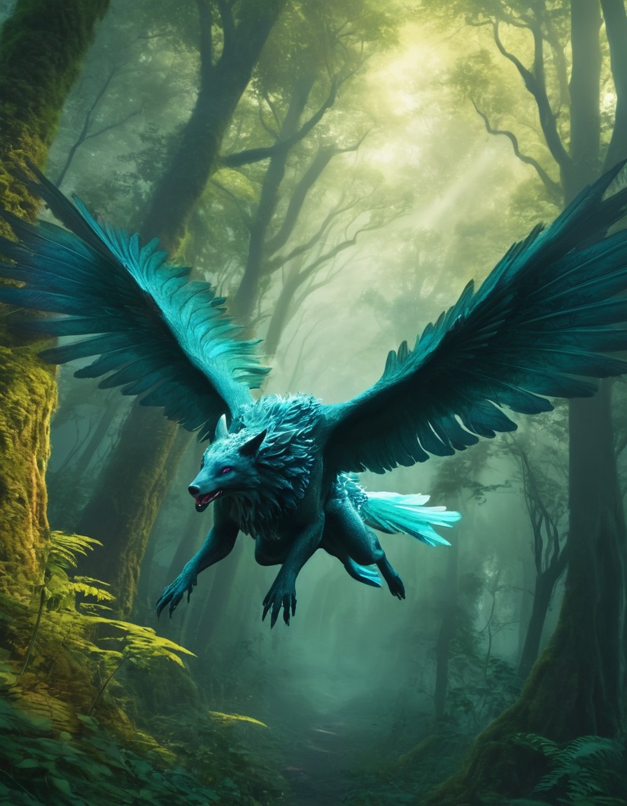 mythical creature, flying, forest, vibrant, graceful, fantastic