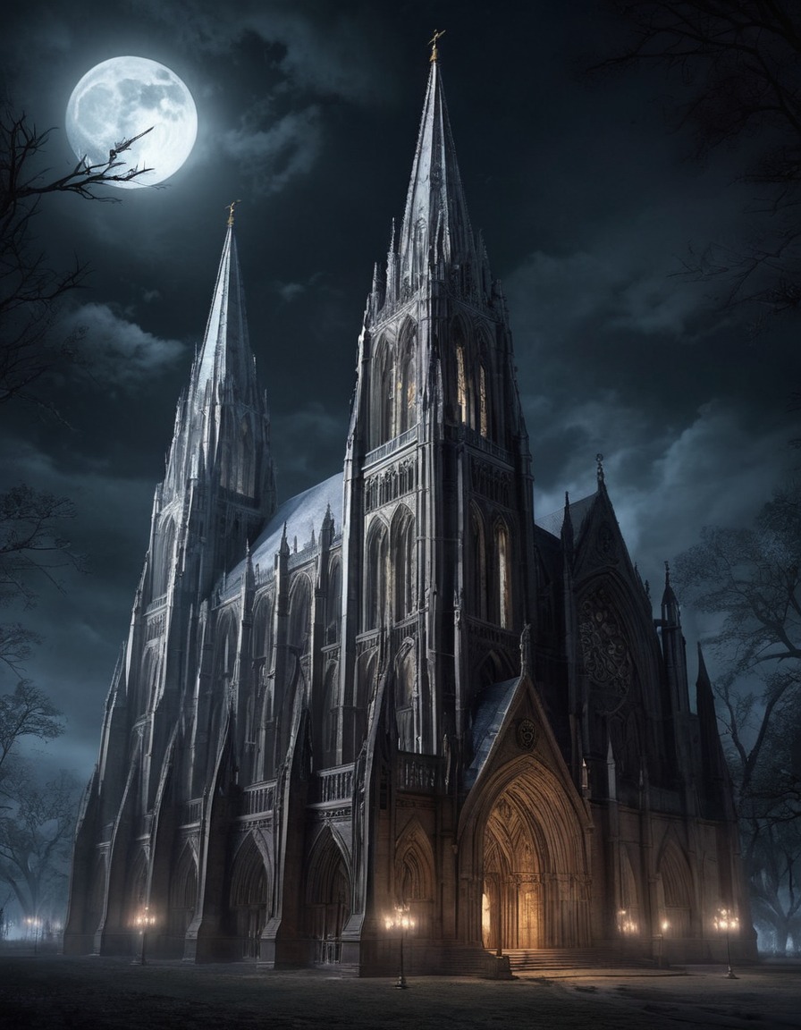 gothic architecture, cathedral, moonlight, sinister, architecture