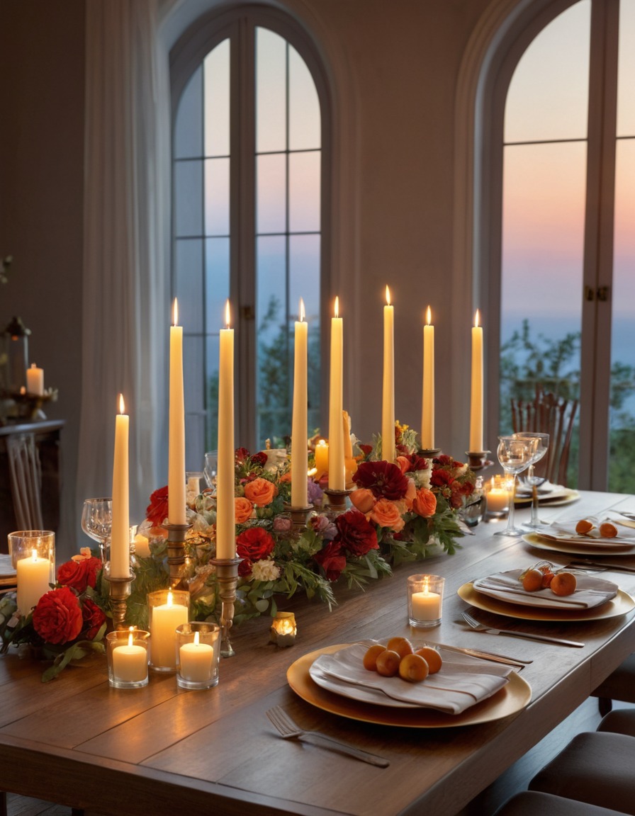 dining table, candles, fresh flowers, home decor, home, interior