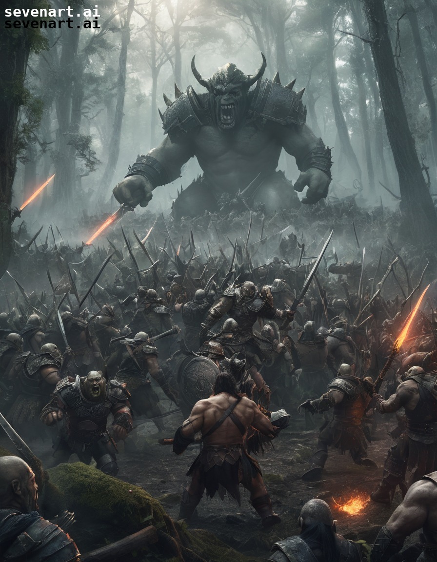 battle, orcs, humans, fantasy, forest, army