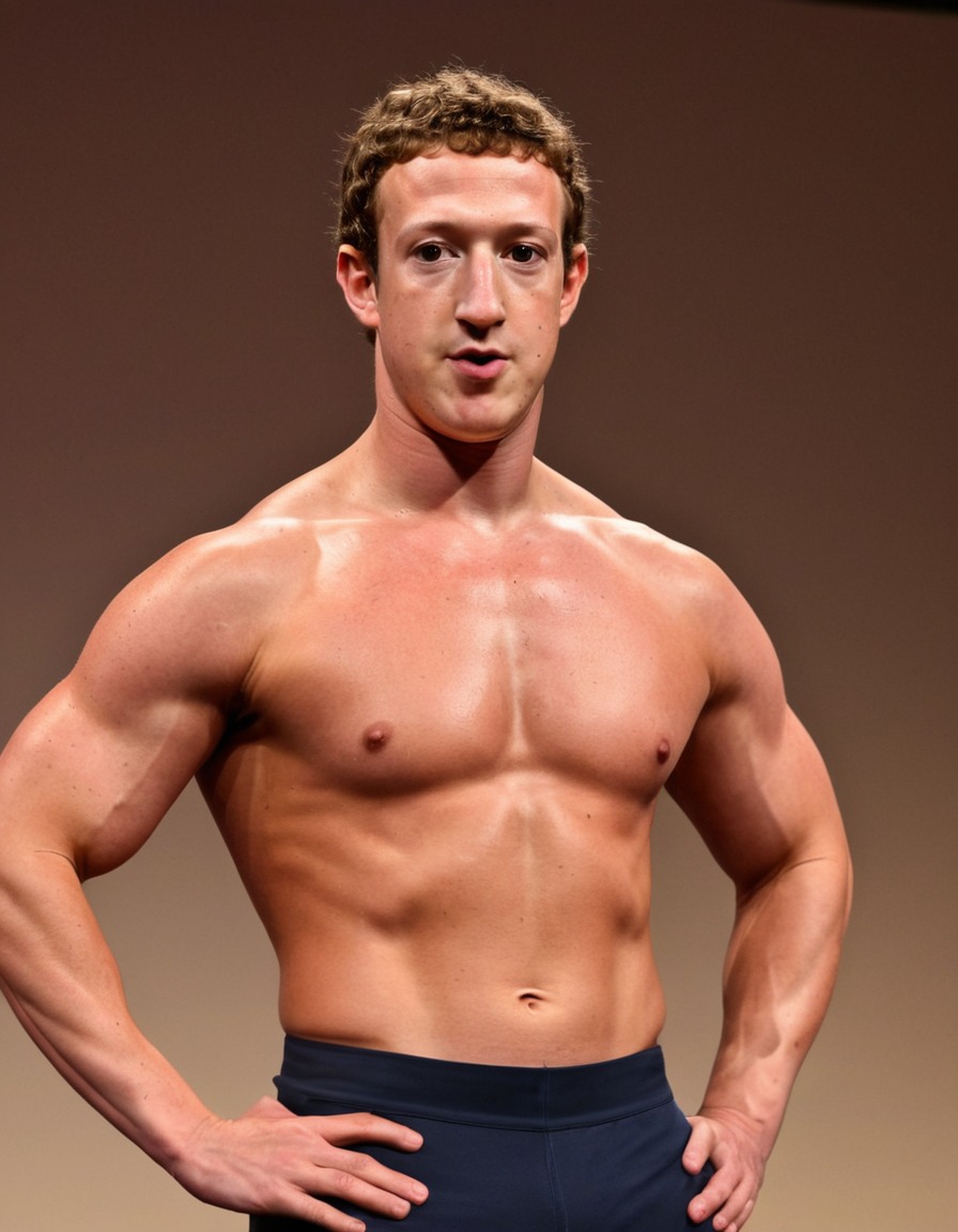 mark zuckerberg, bodybuilder, powerful pose, stage