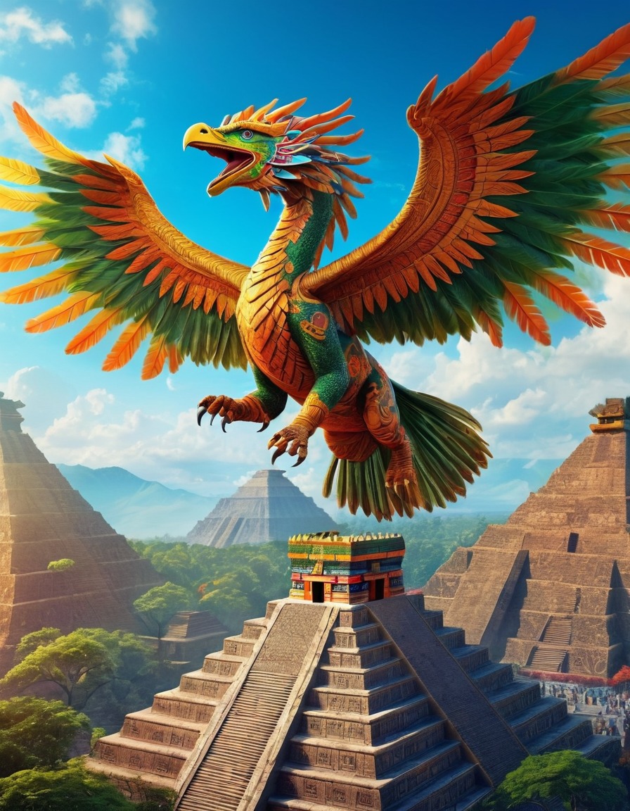 quetzalcoatl, aztec, mythological, majestic, landscape