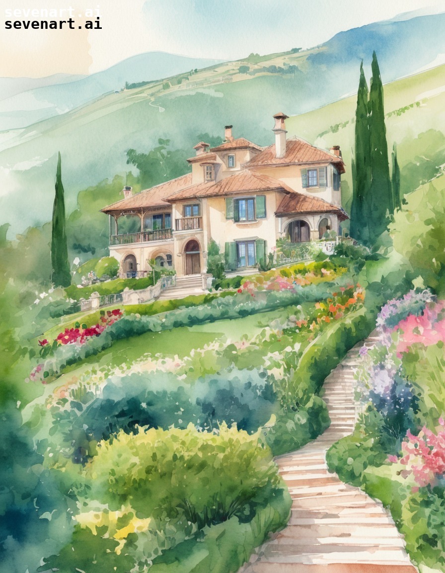 watercolor, villa, european, gardens, hills