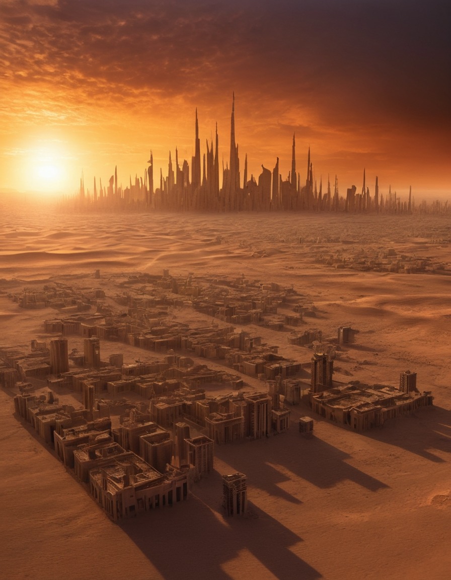 mystical, mirage, city, desert, illusion, sunset