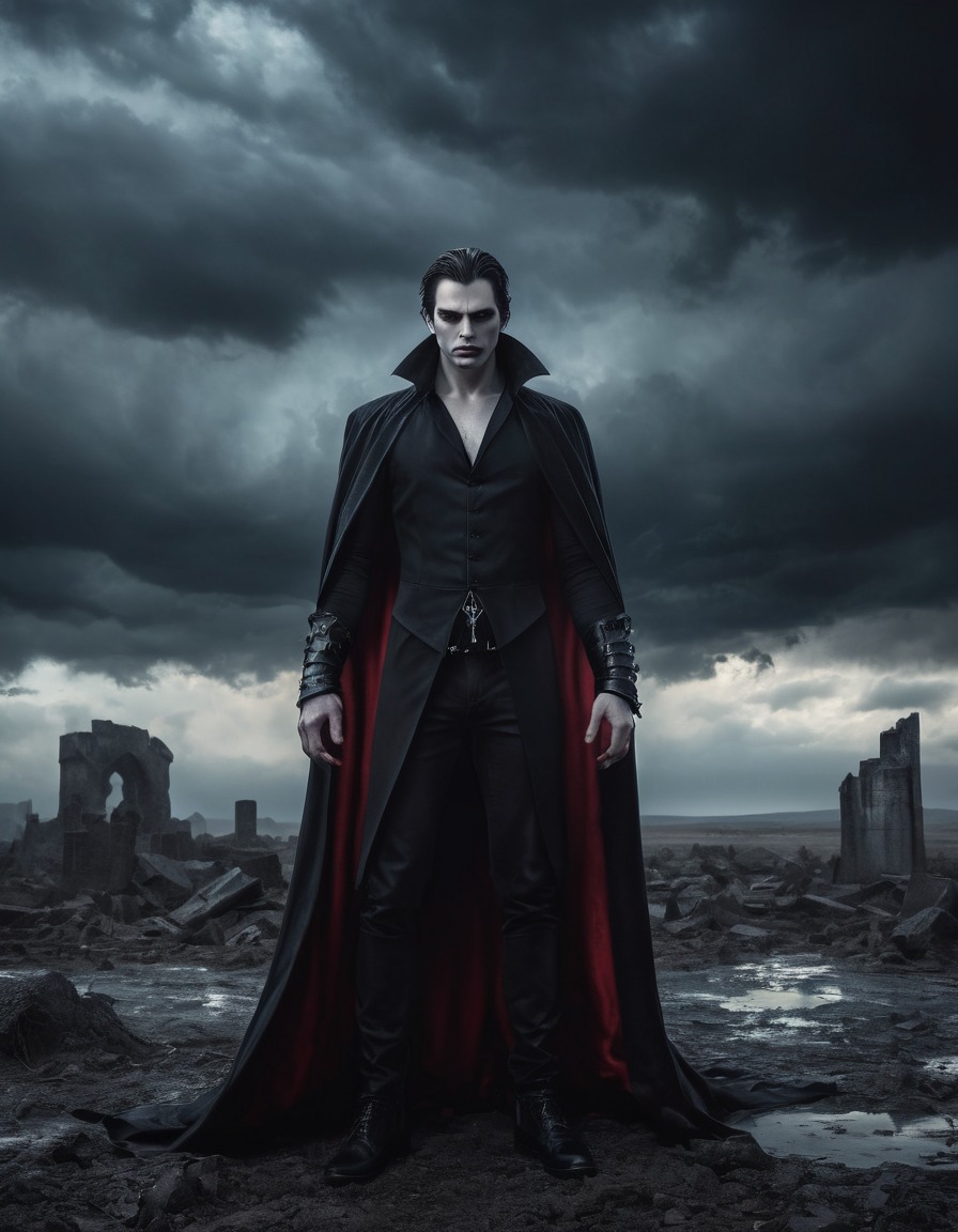 vampire, stormy sky, gothic, desolate landscape, dark aesthetics., underground, dark