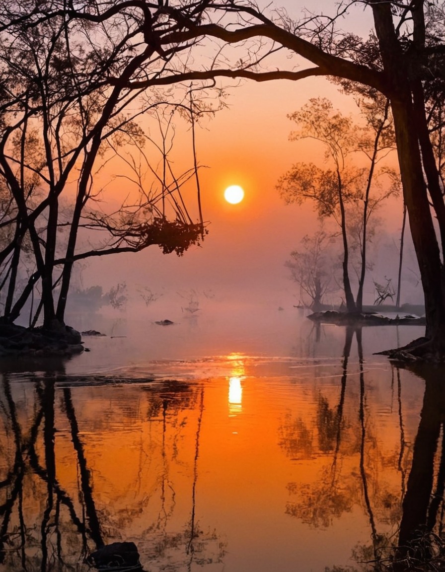 nature, trees, sunsets, reflections, peace and quiet, serenity, orange, orange gray