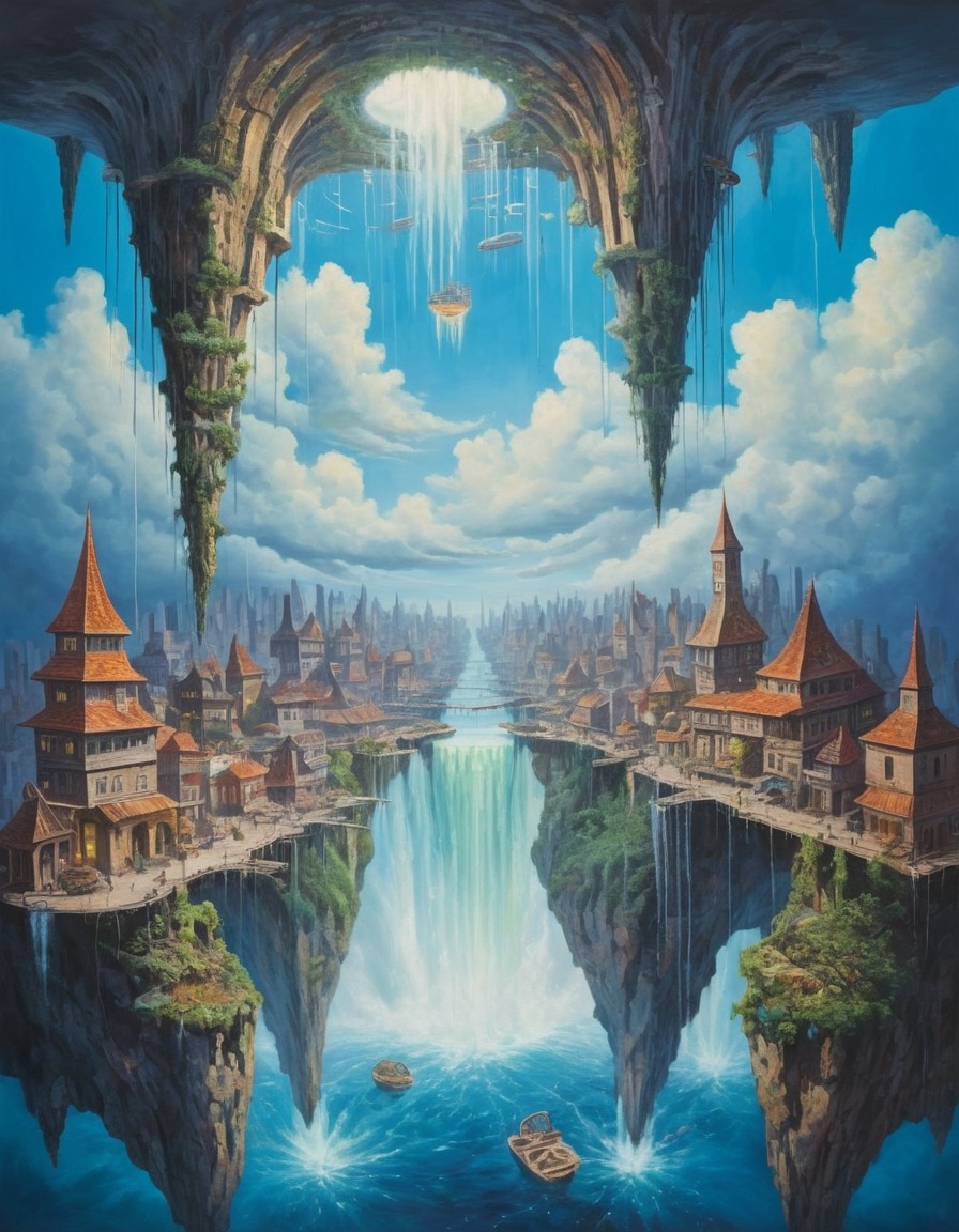 floating city, sky, upside-down waterfalls, fantasy, imagination, surreal