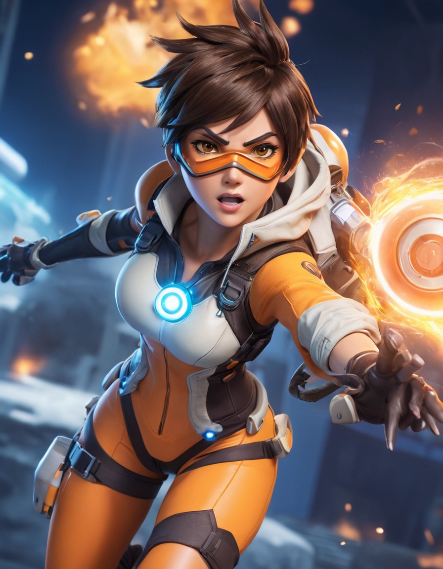 tracer, overwatch, time manipulation, battle scene, anime, games