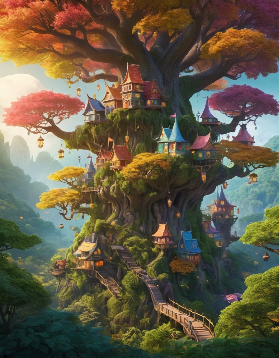 fantasy, mystical creatures, hidden village, treetops, forest, colorful, enchanting, fantastic