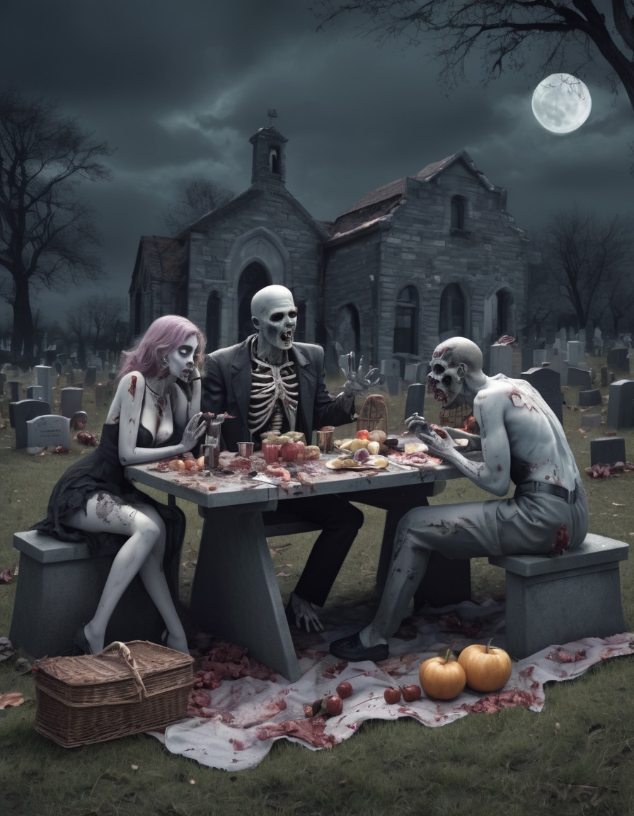 zombie, family, picnic, graveyard, tombstones