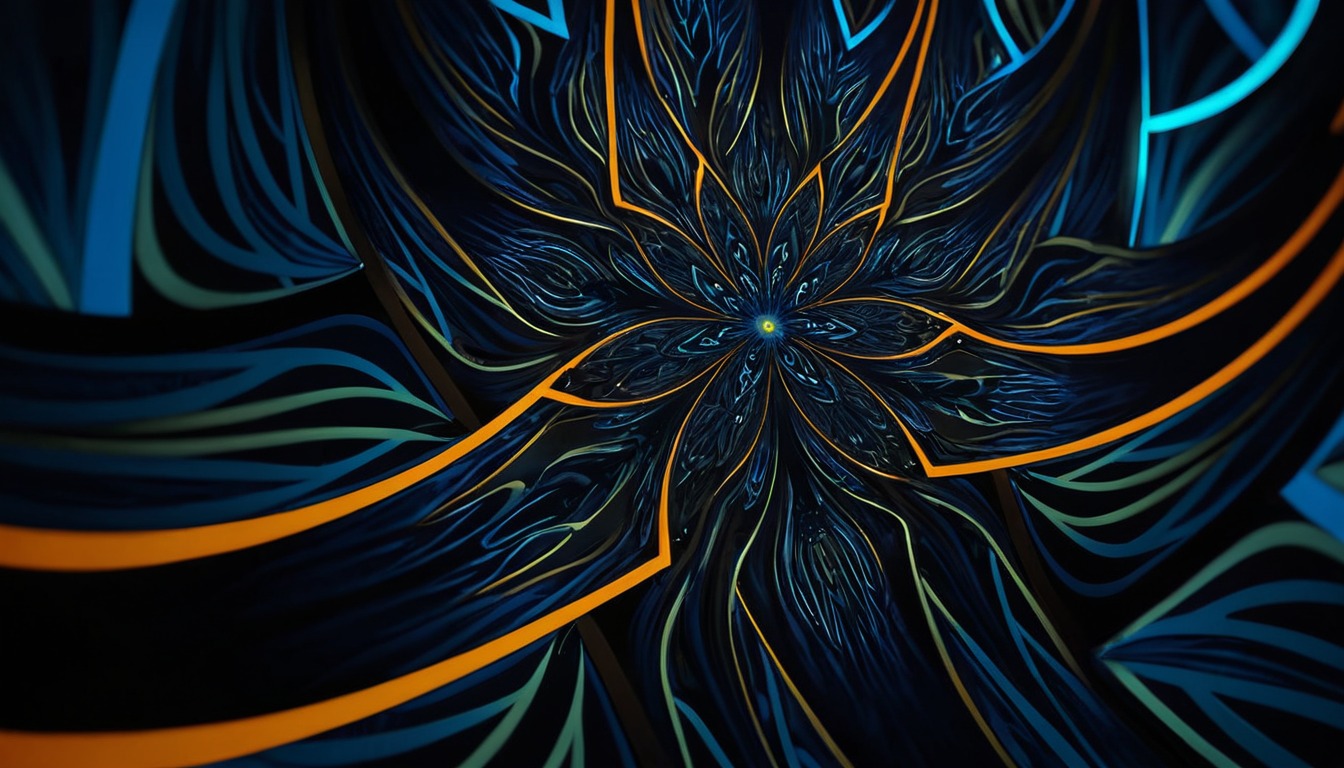 digitalart, wallpaper, pattern, geometric, abstract, psychedelic, fractalart, scifi, neon, background, black, blue, chaotica, dark, desktop, flame, fractal, glow, gold, green, orange, 2560x1440