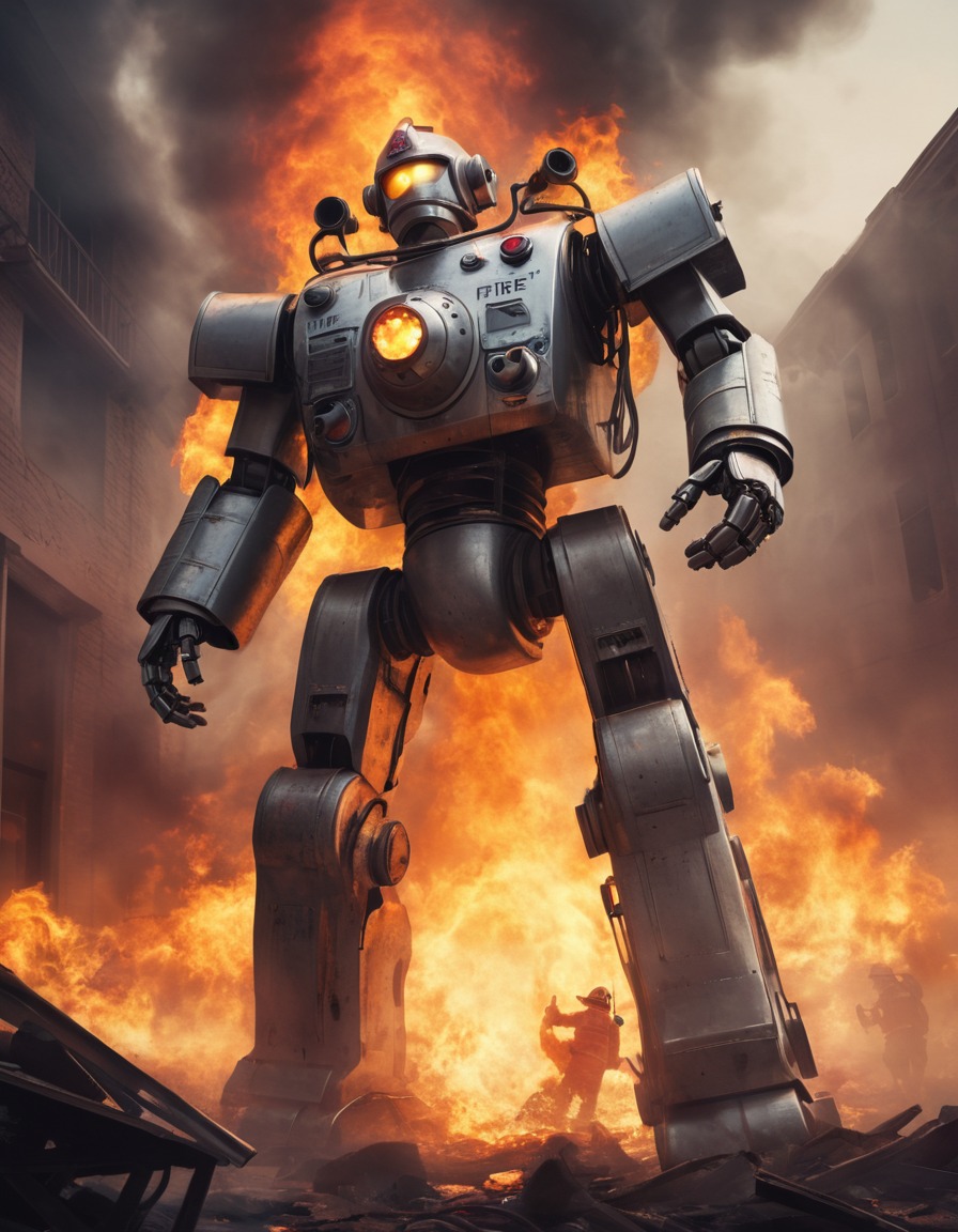 robot, firefighter, battle, raging fire, bravery, robots