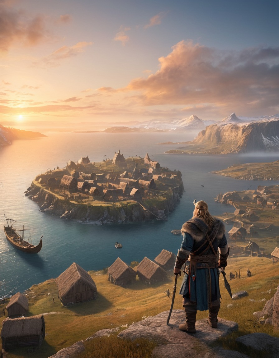 eivor, assassin's creed valhalla, viking settlement, sunrise, video game character, computer games