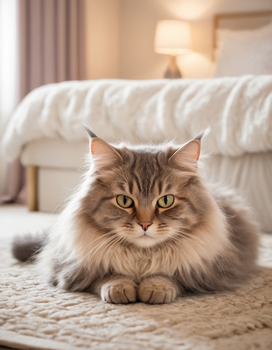 cat, fluffy, plush rug, bedroom, serene, home, interior