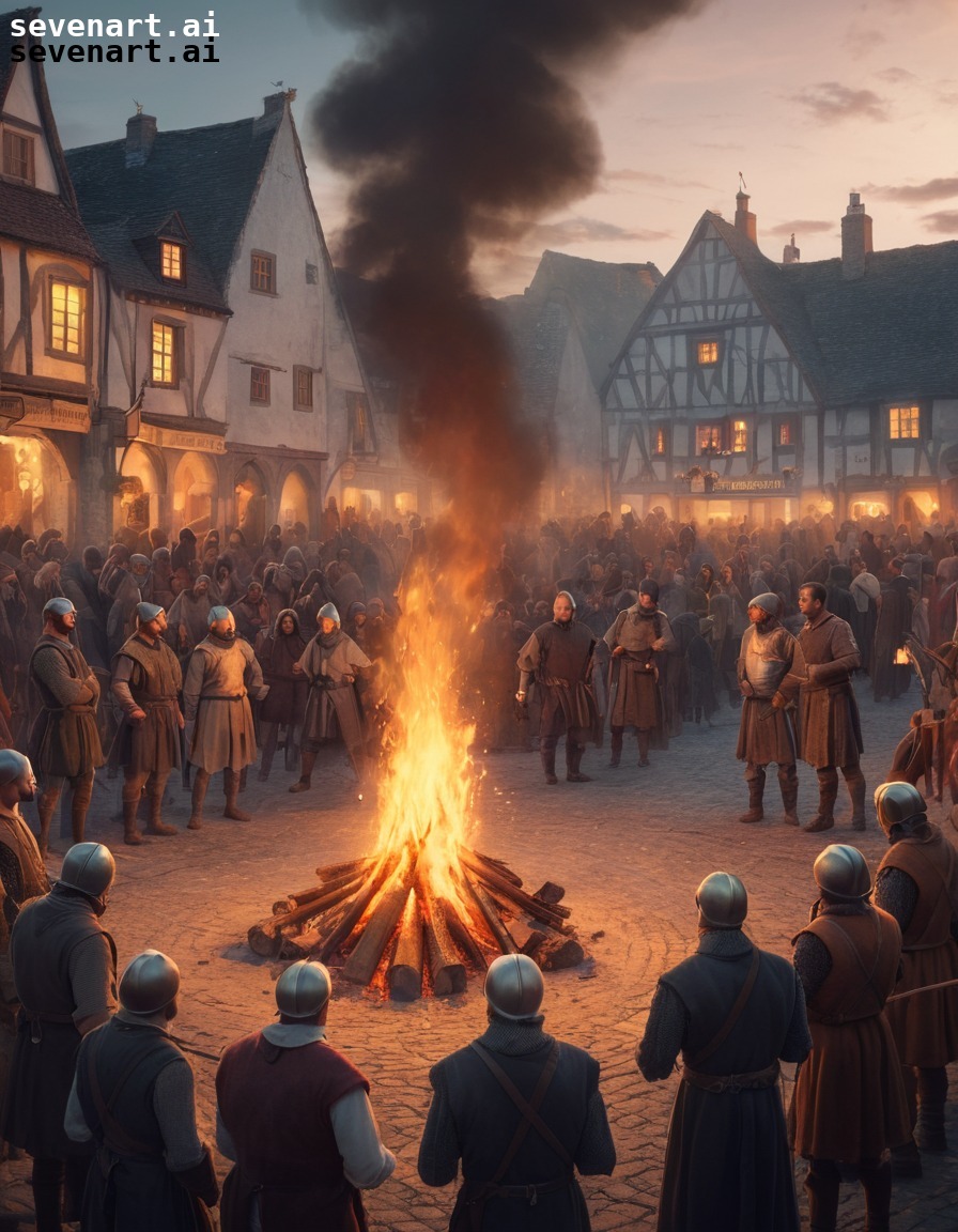 villagers, bonfire, town square, medieval festival, community gathering, middle ages