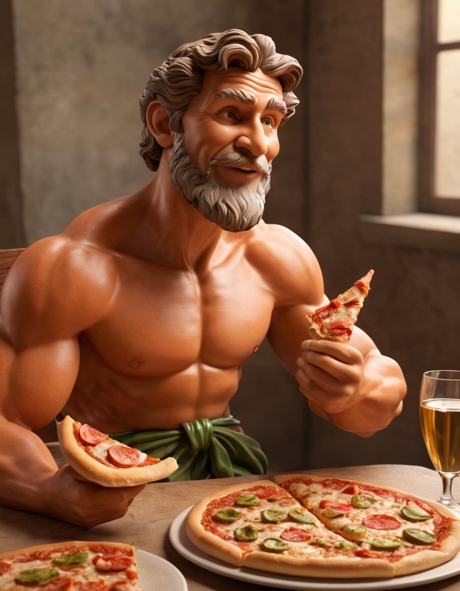 michelangelo, david, caricature, sculpture, pizza, humor, funny