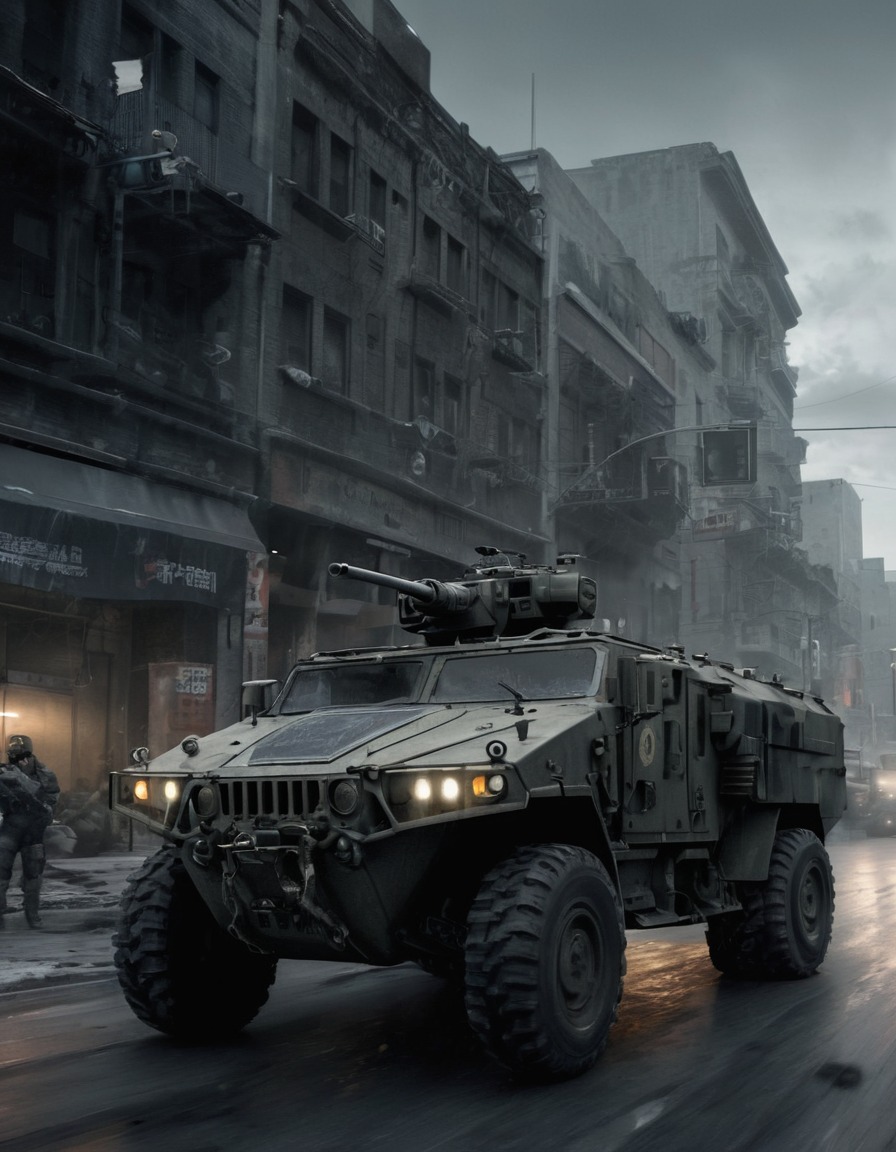 military vehicles, downtown, patrolling, security, urban warfare, war, usa