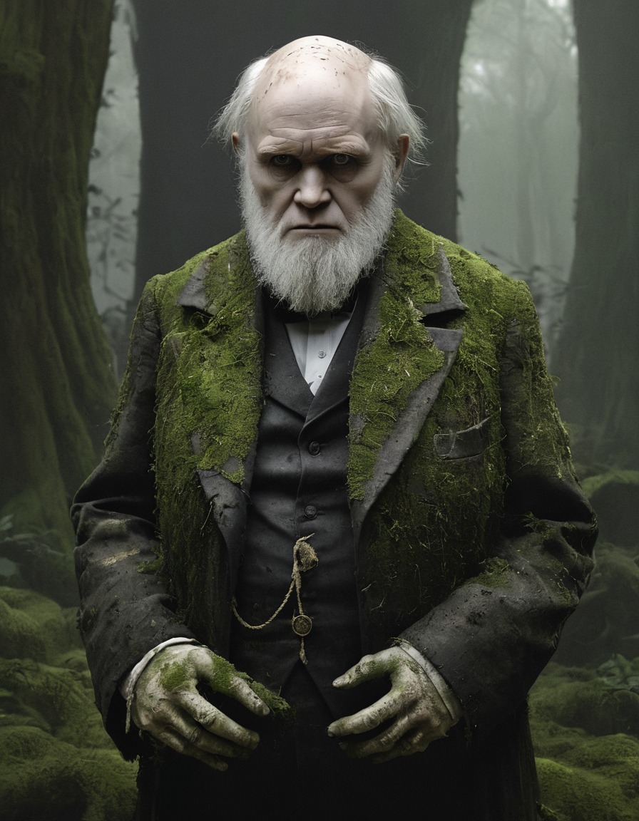 charles darwin, victorian era, moss, dirt, decay, haunting gaze, zombie