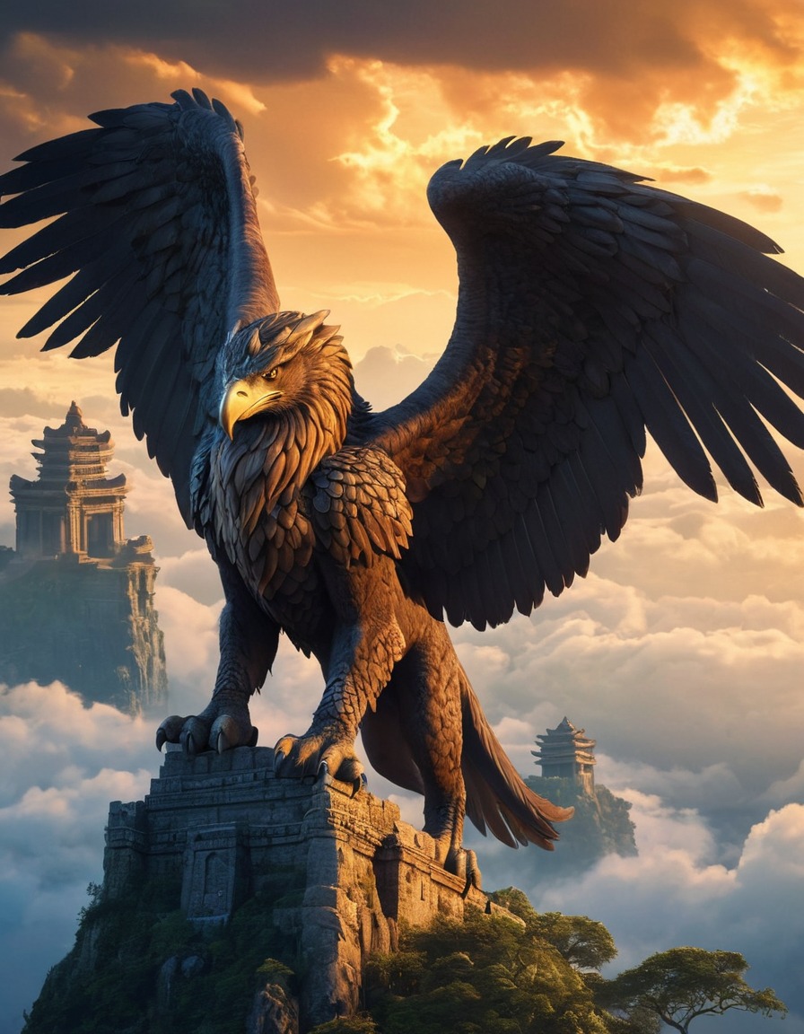 mythical creature, griffin, guardian, hidden temple, clouds, fantasy