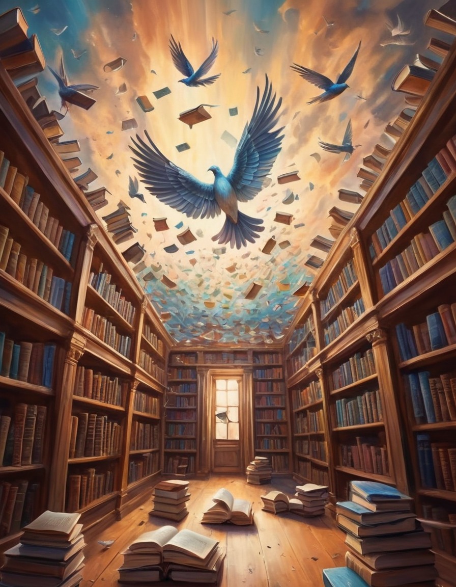 library, books, wings, fantasy, imagination, surreal