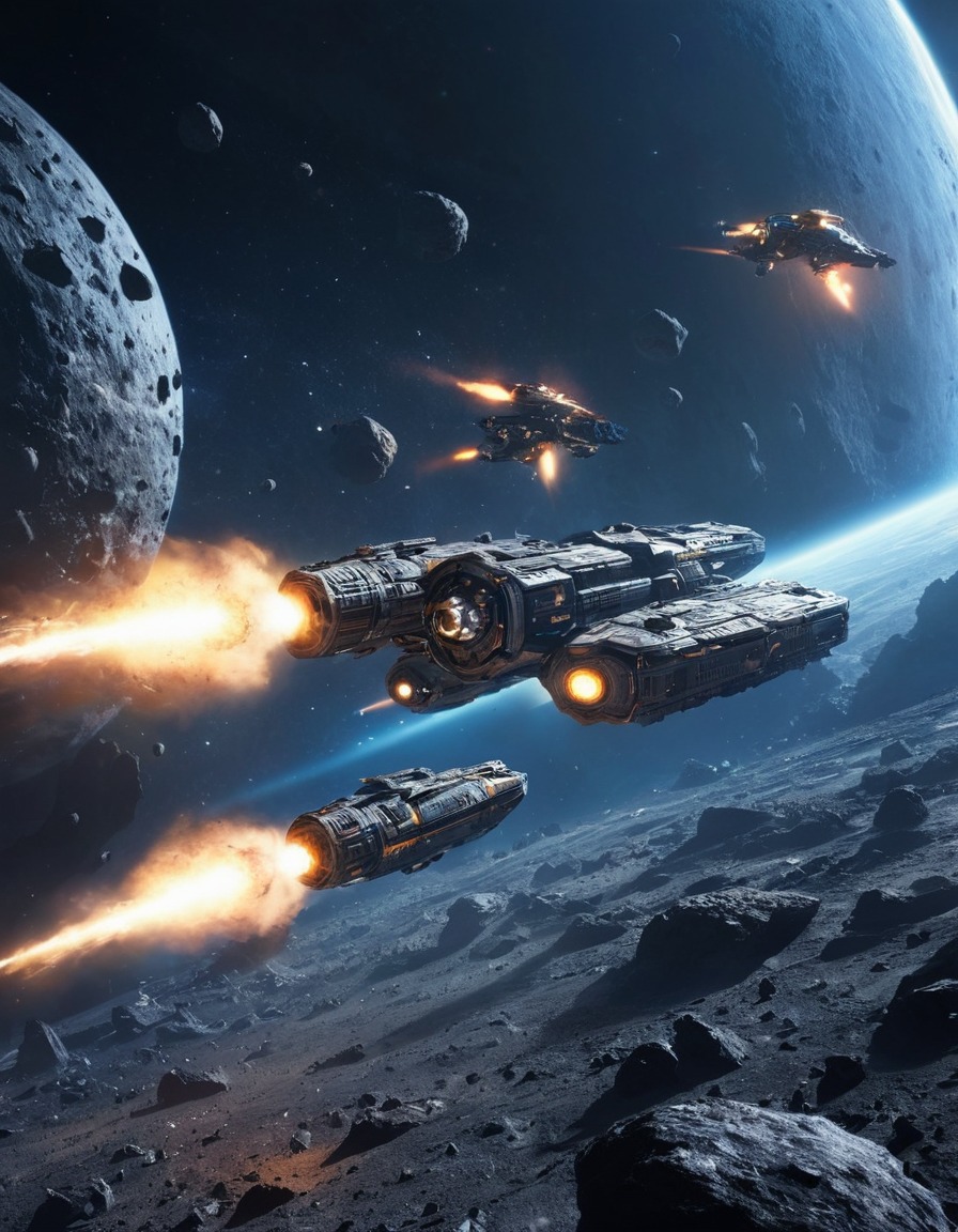 spacecraft, asteroid field, highspeed chase, space scene