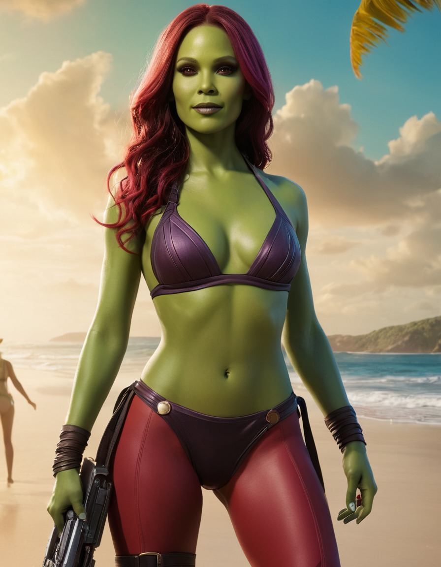 gamora, guardians of the galaxy, superhero, beach, bikini, summer fashion, superheroine