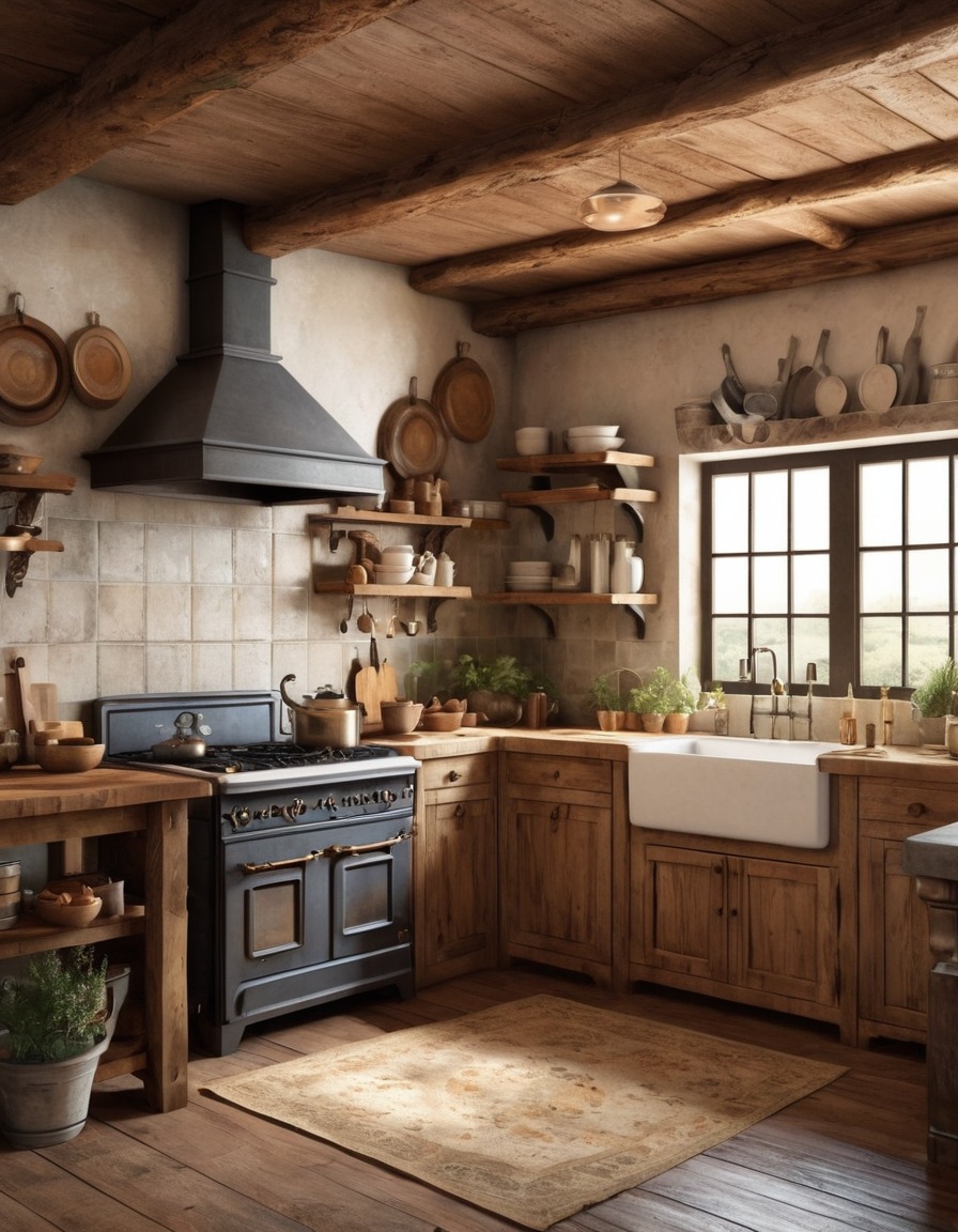 rustic, kitchen, exposed wooden beams, farmhouse sink, vintage stove, home, interior