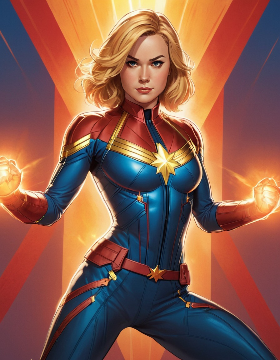 captain marvel, superhero, glowing, aura, powerful pose, sexy, painted