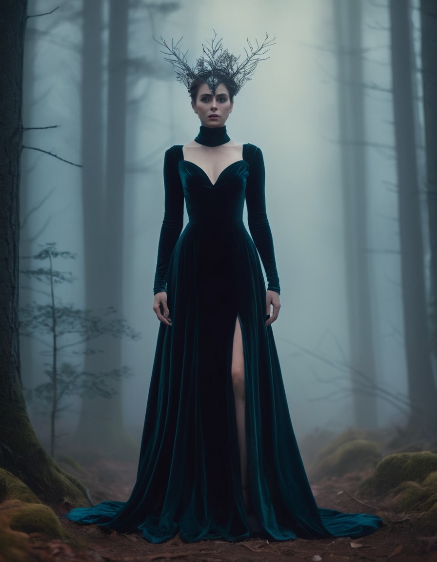 mysterious, woman, velvet gown, fog, forest