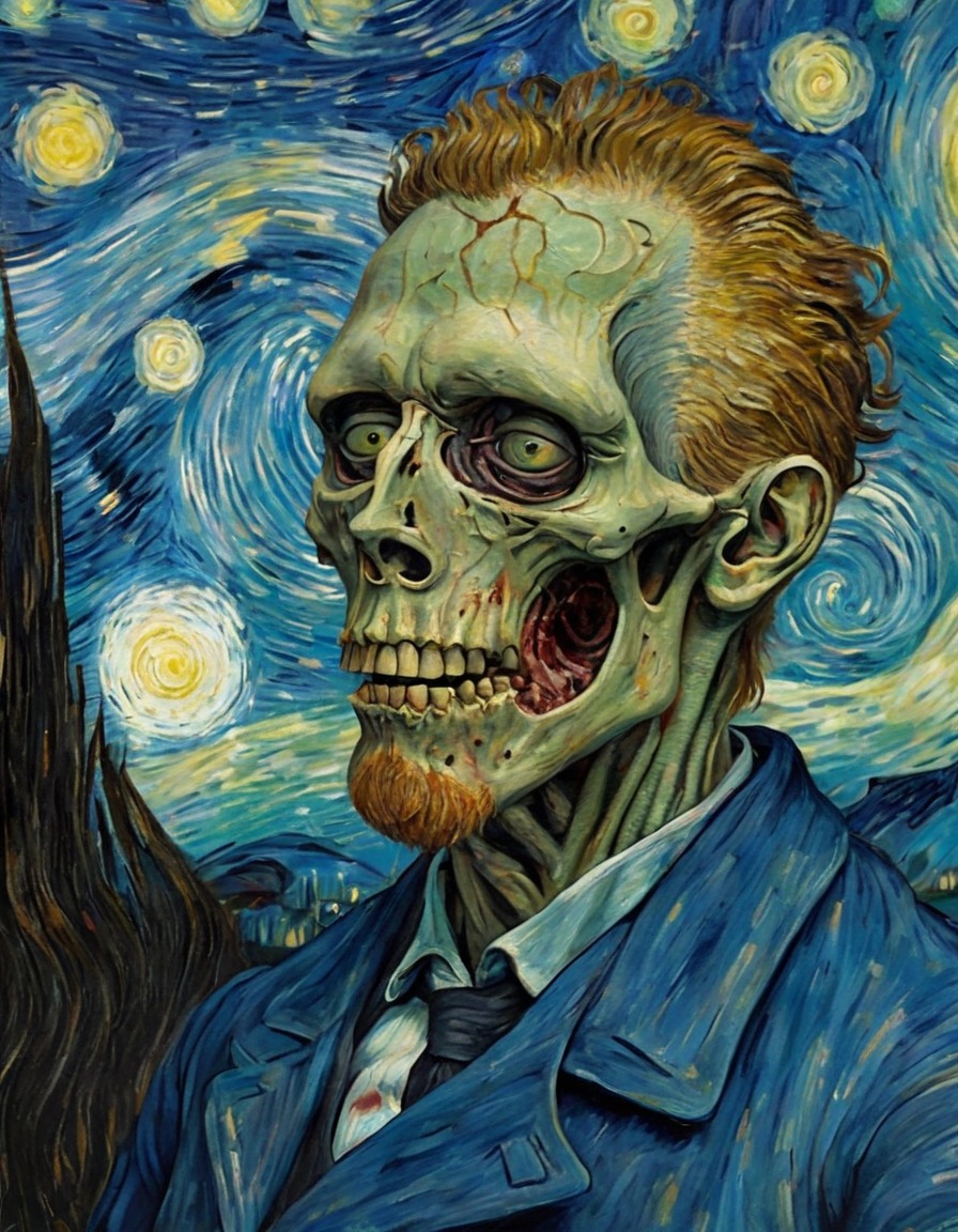 vincent van gogh, self portrait, zombie, starry night, art, surrealism