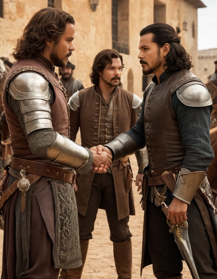 athos, porthos, aramis, group handshake, historical fiction, teamwork, swashbuckling, adventure, books