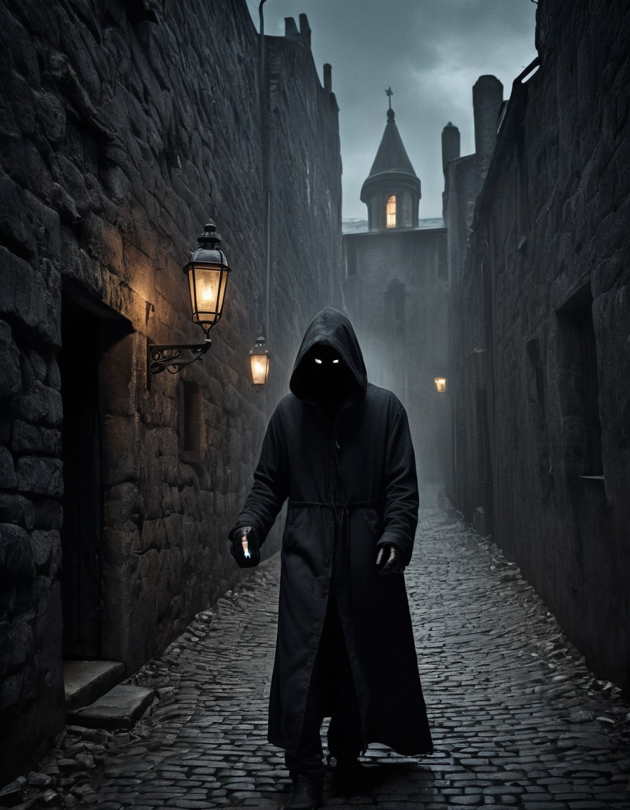 hooded figure, lantern, cobblestone alleyway, decrepit buildings, gothic, underground, dark