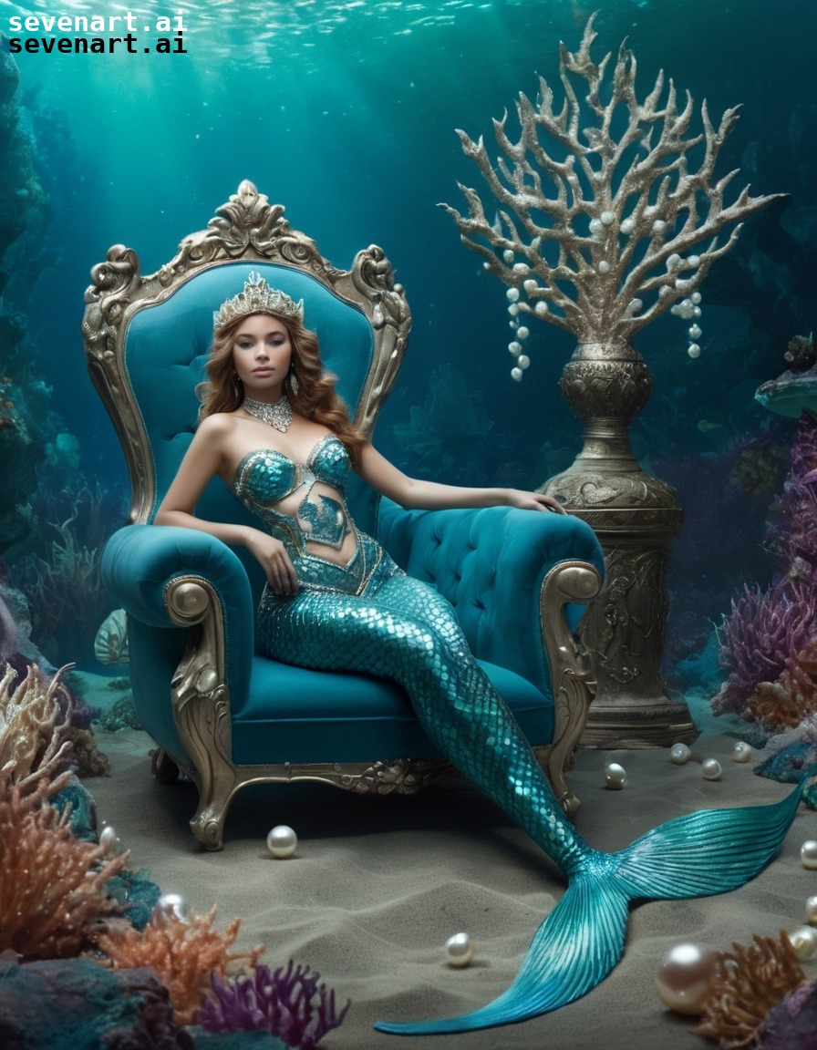 mermaid, seabed, throne, pearls, fantasy.