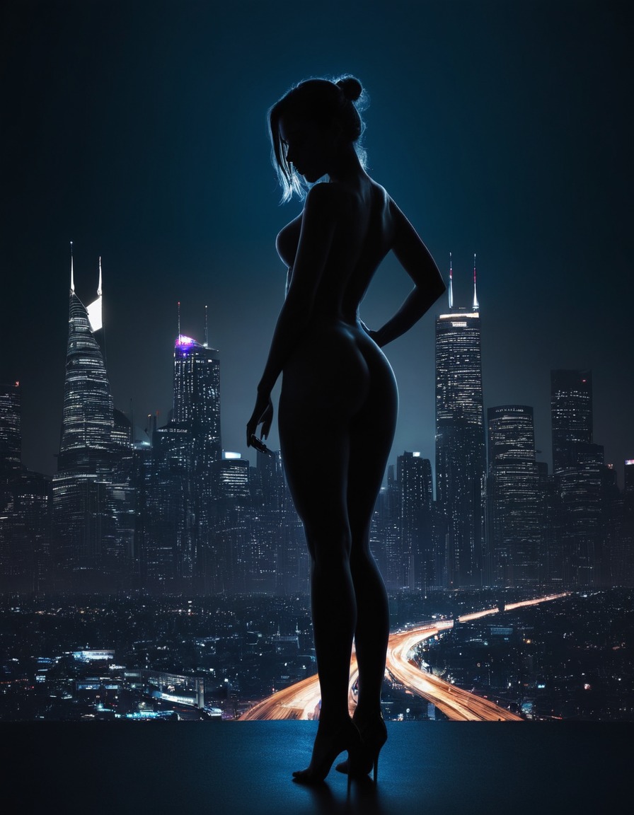 city, skyline, night, woman, silhouette