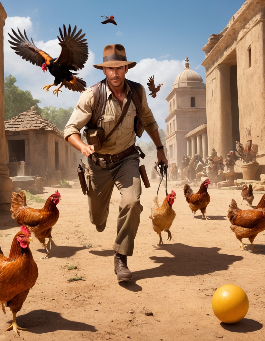 indiana jones, chickens, chase, adventure, action, books