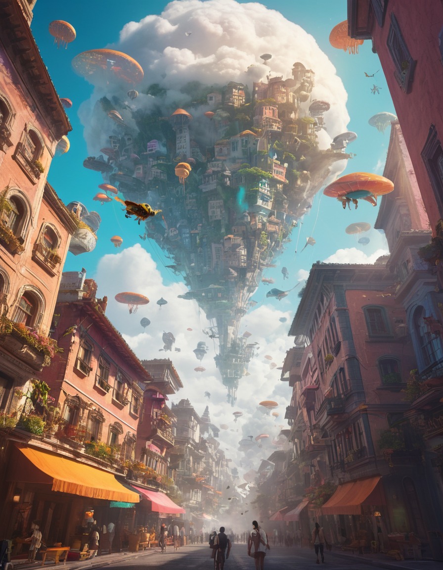 fantasy, futuristic, cityscape, flying creatures, vibrant, fantastic