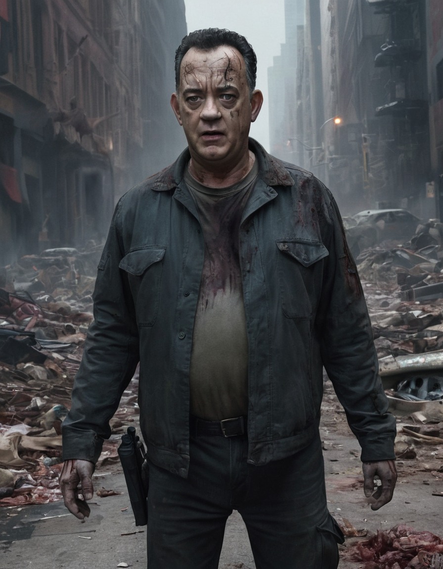 tom hanks, zombie, post-apocalyptic, cityscape, art, celebrities