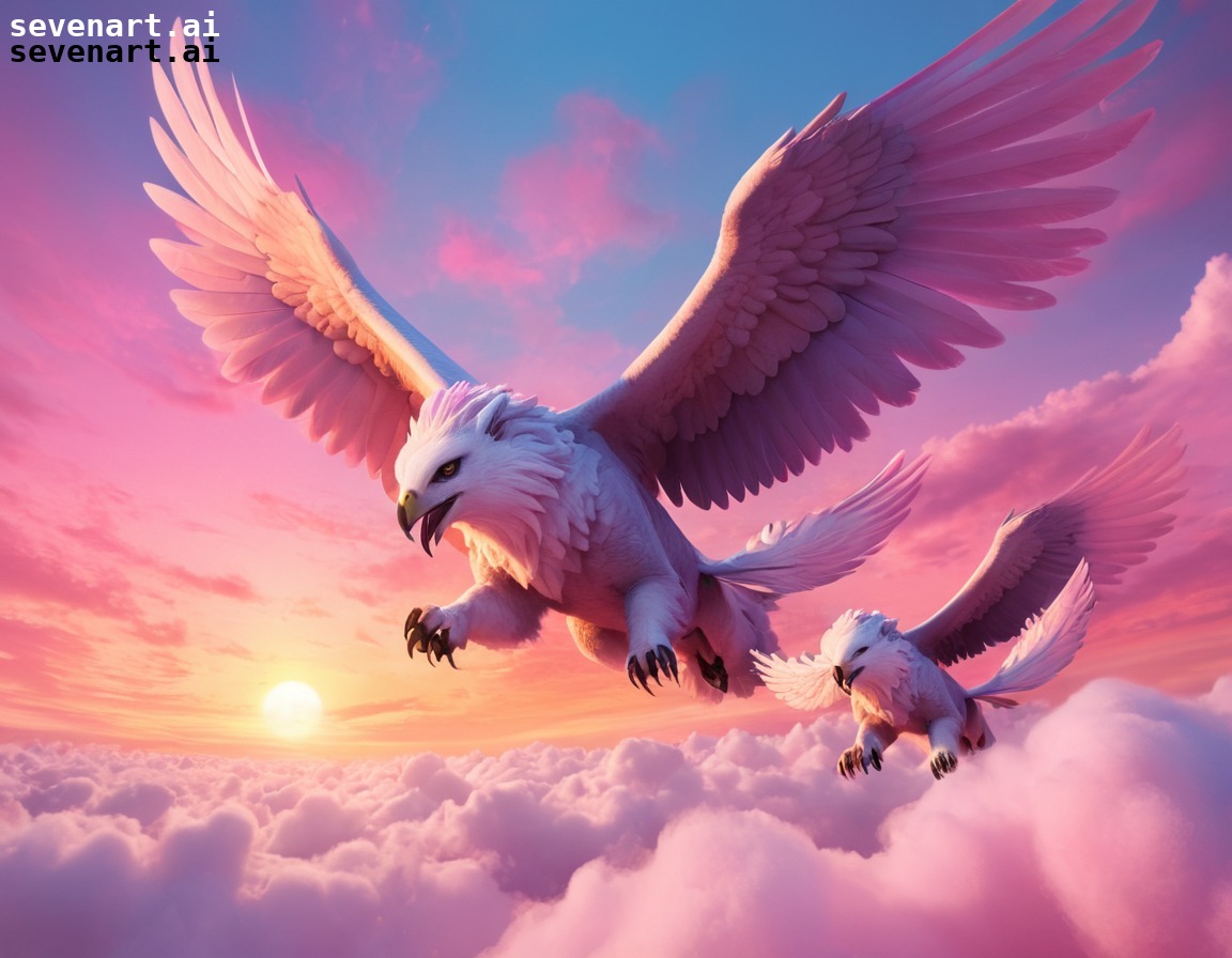 fantasy, griffins, sunset, sky, flying