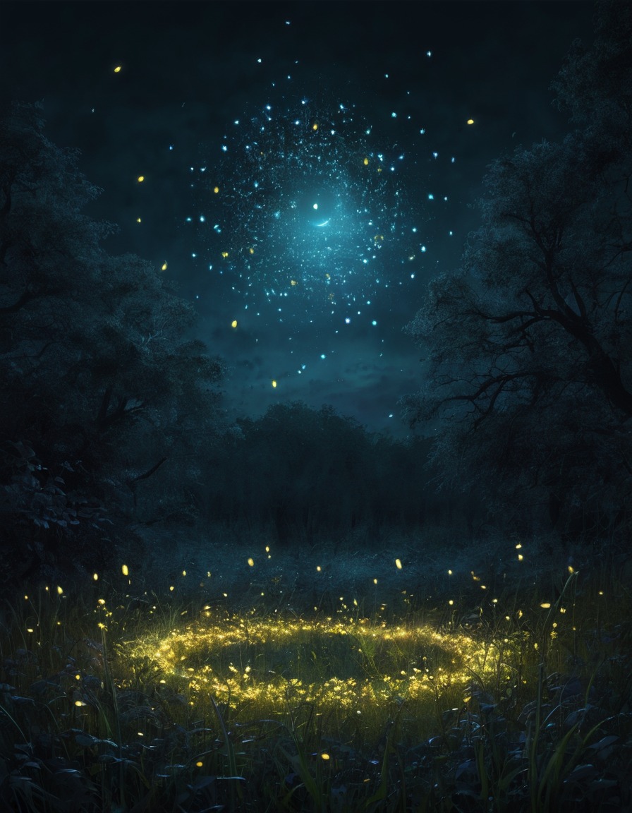 mystical, fireflies, moonlit, meadow