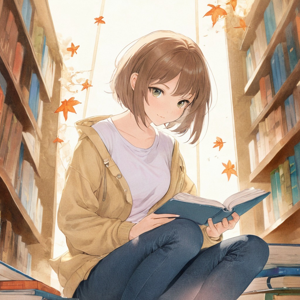 anime, animegirl, books, book, bookworm, girl, glasses, library, reading, watercolor